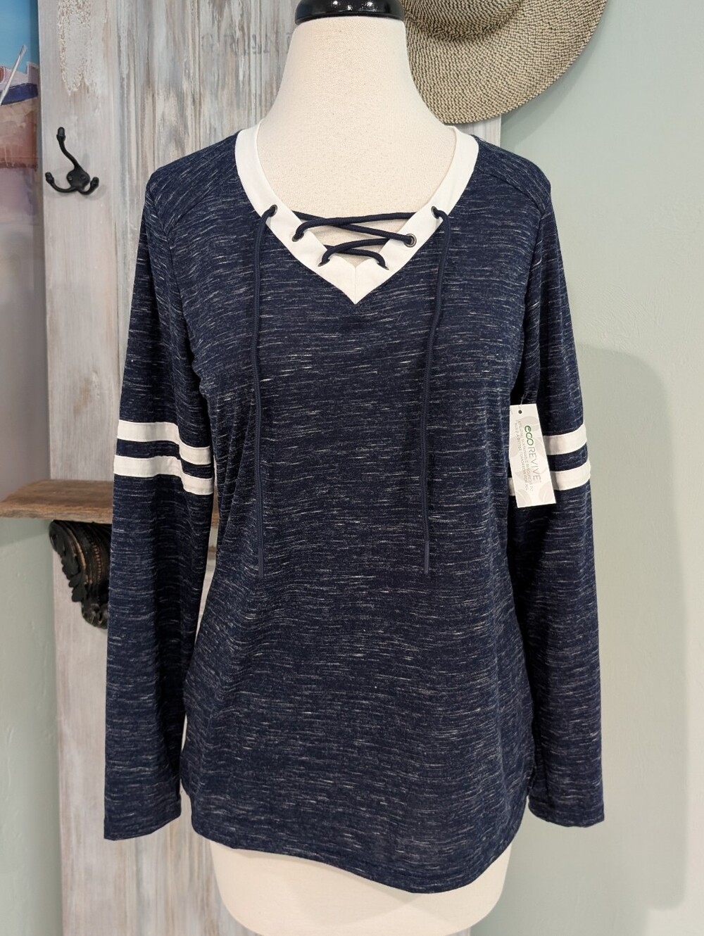 NWT Ecorevive Women's Navy Lace-Up V-Neck Long Sleeve Top